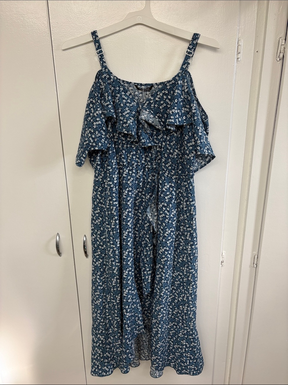 BloomChic Blue and White Floral Ruffle Dress